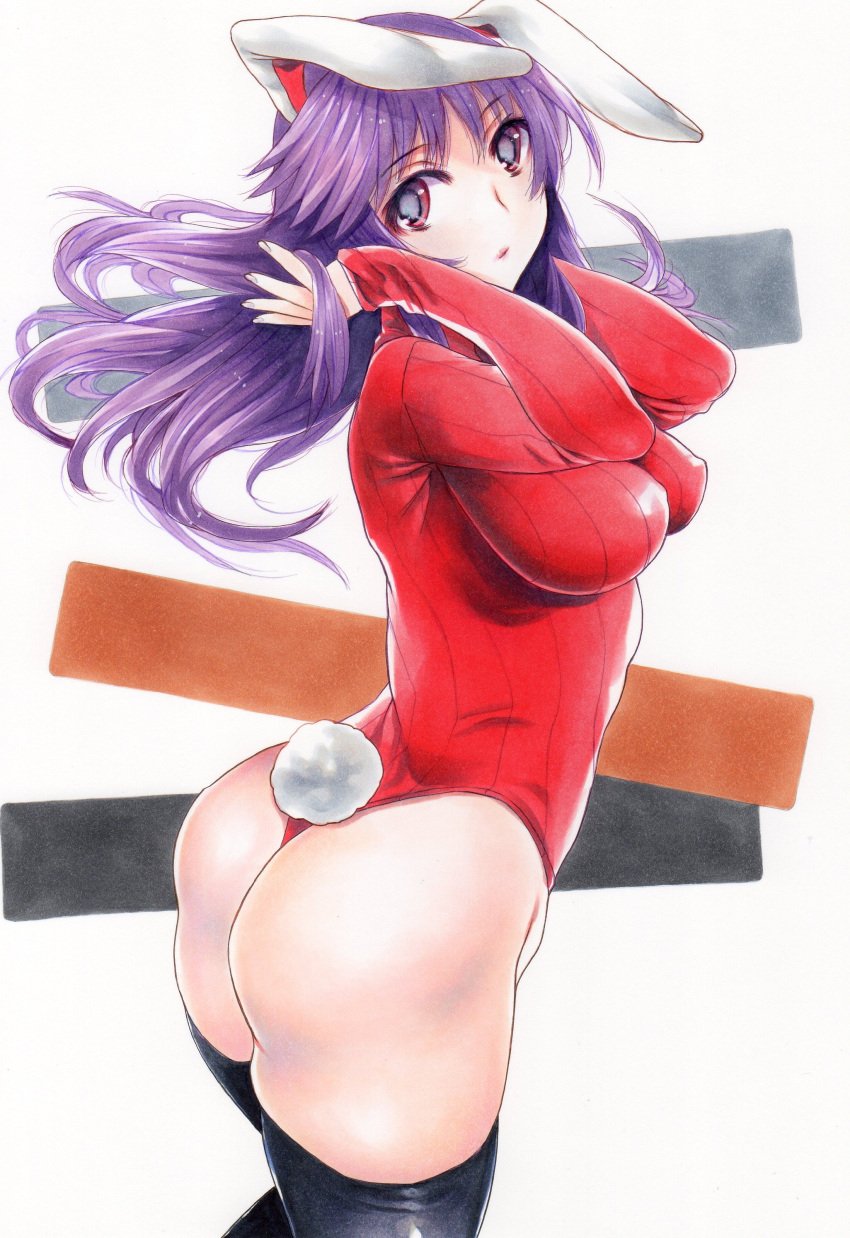 absurdres animal_ears armpits arms_up ass bangs blush breasts closed_mouth commentary_request covered_nipples fake_tail female heattech_leotard highres large_breasts leotard long_hair looking_at_viewer looking_back marker_(medium) purple_hair rabbit_ears red_eyes red_leotard reisen_udongein_inaba ribbed_leotard rozarin simple_background solo standing strapless strapless_leotard sweater tail thighs touhou traditional_media turtleneck turtleneck_leotard turtleneck_sweater wind wind_lift