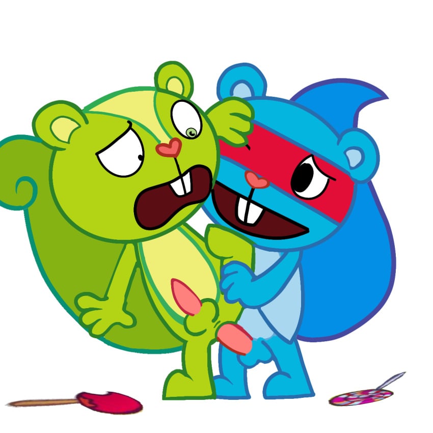 2boys anal anal_penetration bandana big_tail blue_body boner chibi confused confused_look erection flying_squirrel gay gay_sex green_fur happy_tree_friends heart_nose nutty_(htf) on_model questionable_consent sex splendid_(htf) squirrel toony white_background yaoi