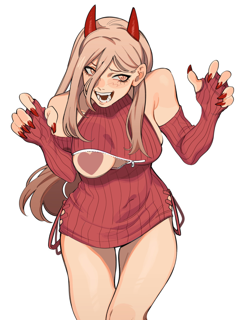 bare_shoulders blonde_hair breast_zipper breasts breasts_out censored chainsaw_man cowboy_shot demon_horns detached_sleeves dress female fingernails gloves hair_between_eyes halter_dress halterneck heart heart_censor horns lace-up long_hair lower_teeth medium_breasts one_breast_out open_mouth orange_eyes partially_fingerless_gloves porqueloin power_(chainsaw_man) red_horns red_nails sharp_fingernails sideboob solo teeth thigh_gap upper_teeth white_background