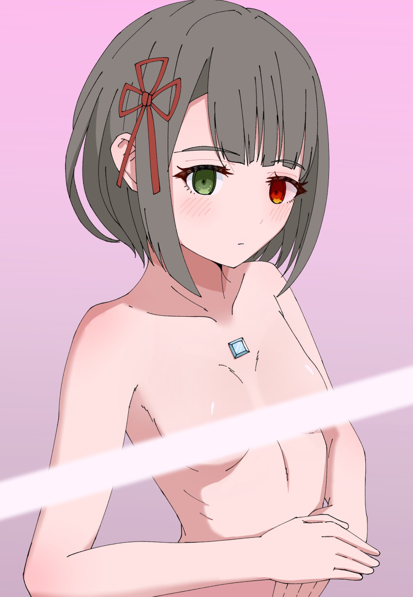 brown_hair censor_bar censored core_crystal female female_only green_eyes heroes_(xenoblade_3) heterochromia miyabi_(xenoblade) naked red_eye small_breasts xenoblade_(series) xenoblade_chronicles_3