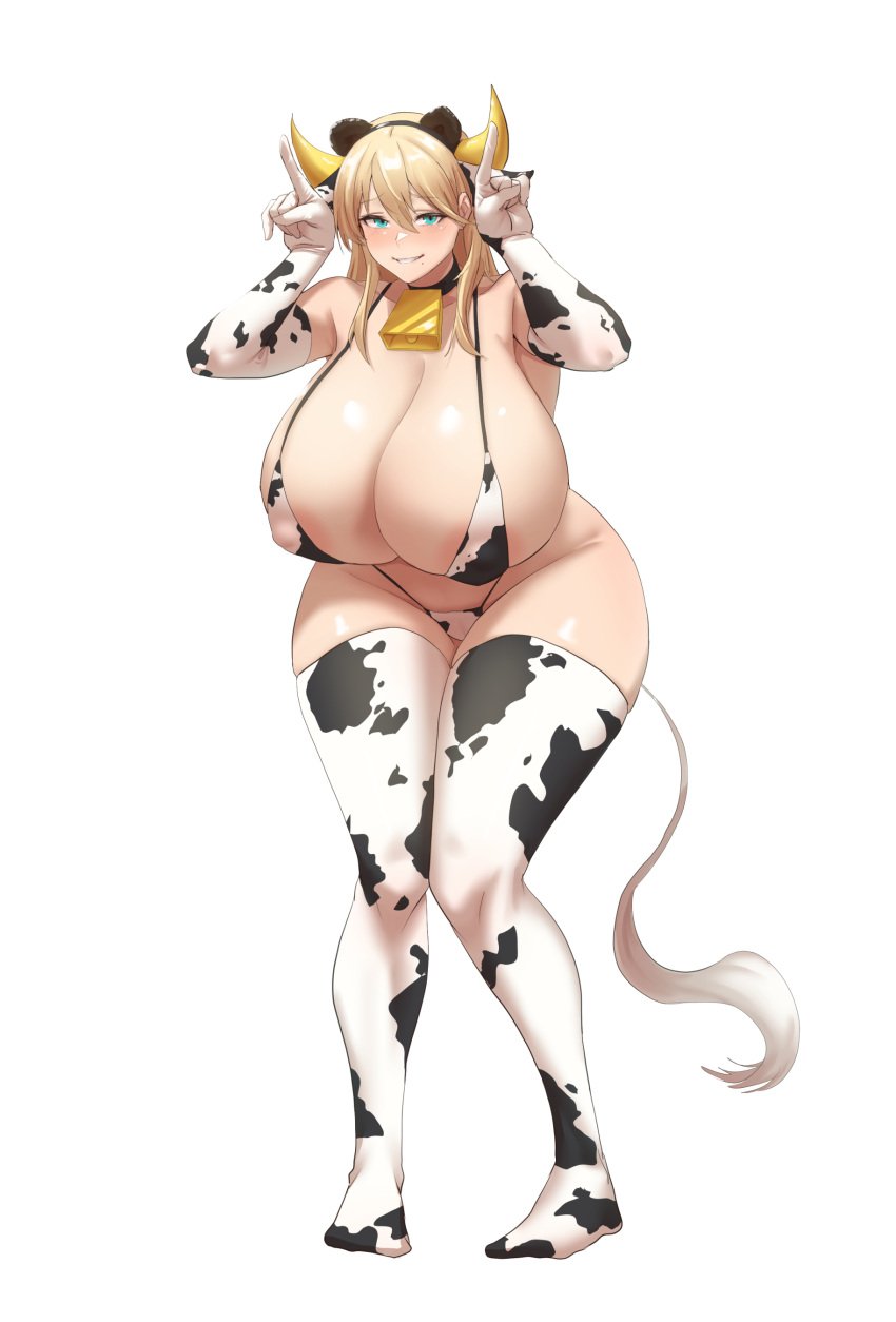 1girls absurdres animal_ears animal_print aqua_eyes areola_slip armpits armwear bear_ears beauty_mark bell bell_collar bent_forward big_breasts big_nipples bikini biting_lip black_collar blonde_hair blue_eyes blush breasts breasts_bigger_than_head child_bearing_hips cleavage collar cow_accoutrements cow_bell cow_ears cow_horns cow_print cow_print_bikini cow_print_legwear cow_print_thighhighs cow_tail curvy cyan_eyes dryseaweed elbow_gloves fake_animal_ears fake_horns female female_only frigga_(last_origin) front_view full_body gesture gloves hair_between_eyes hairband highleg_bikini highres hip_lines horn_hands horns horns_gesture huge_breasts knees_together_feet_apart last_origin legwear light-skinned_female light_skin long_hair looking_at_viewer massive_breasts mature_female mole mole_under_mouth mom_bod neck_bell nipple_bulge pigeon_toed simple_background skindentation slightly_chubby smile smiling solo standing swimsuit thick_thighs thighhighs thighs top_heavy_breasts voluptuous white_background white_bikini white_gloves white_tail white_thighhighs wide_hips yellow_horns