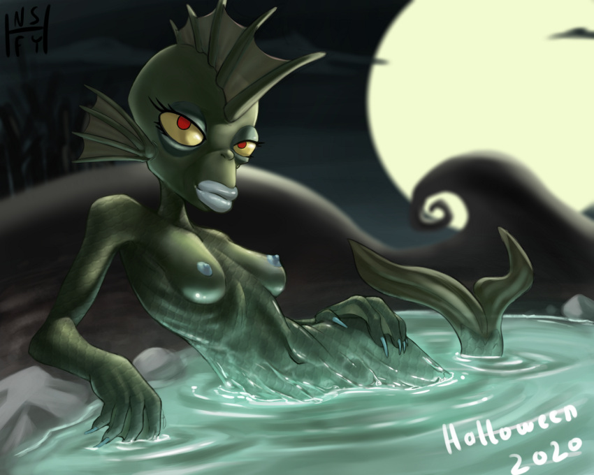 bathing blue_lips blue_nails blue_nipples disney female fish_humanoid green_skin head_fin mermaid_tail monster_girl moonlight nails nightmare_before_christmas nipples nsfy_(artist) red_eyes scalie undersea_gal webbed_hands yellow_sclera