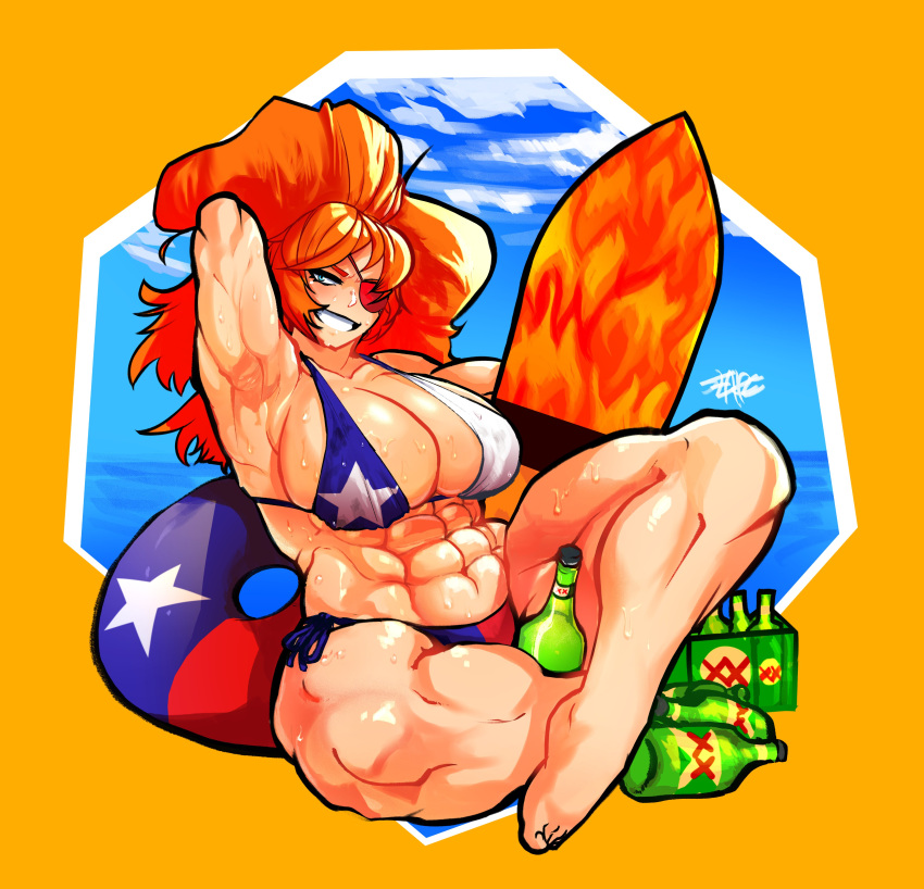 abs arm_up armpit armpits big_breasts bikini bottle cleavage eye_patch female mcflarey orange_hair surfboard sweat sweaty thick_thighs zess zestyjesus