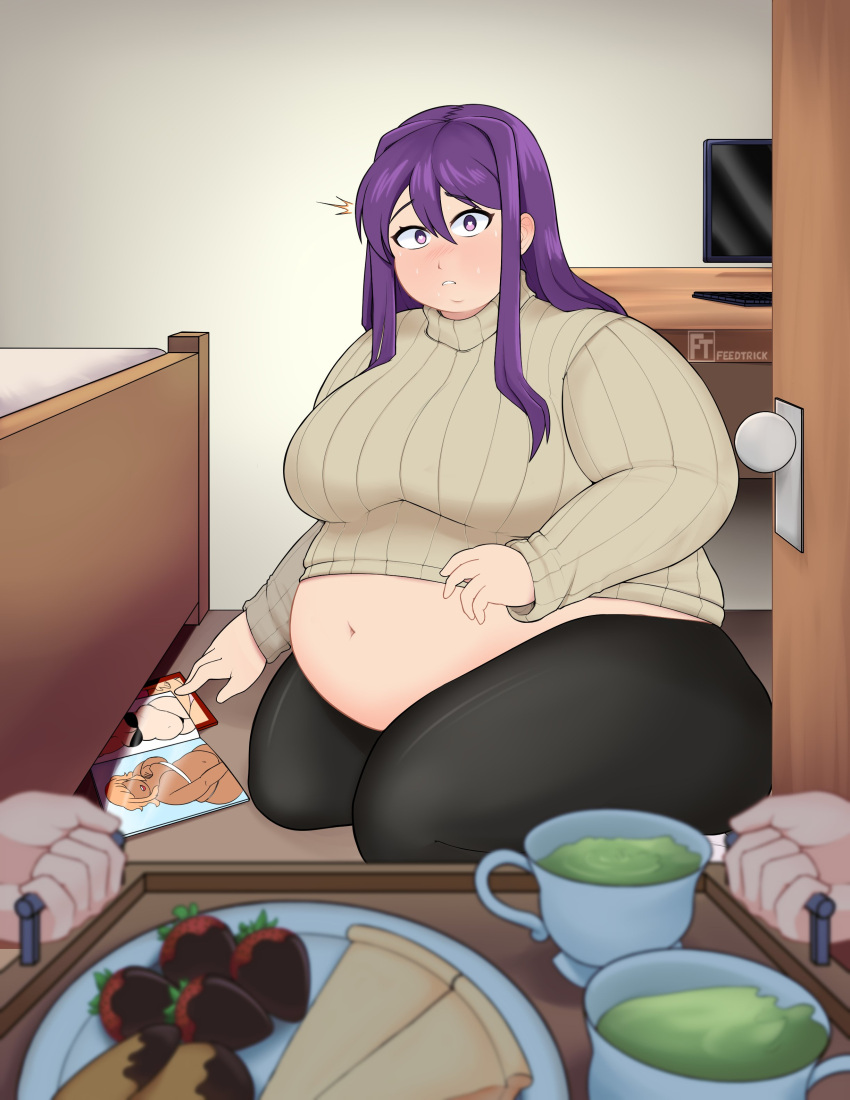 1girls bbw bed black_bra black_leggings blush bra chubby chubby_female cup cups desk doki_doki_literature_club door doorknob drink drinks fat feedtriccz female female_focus flustered food keyboard leggings looking_at_viewer magazine magazine_cover monitor overweight overweight_female purple_eyes purple_hair shocked solo_focus strawberry turtleneck yuri_(doki_doki_literature_club)