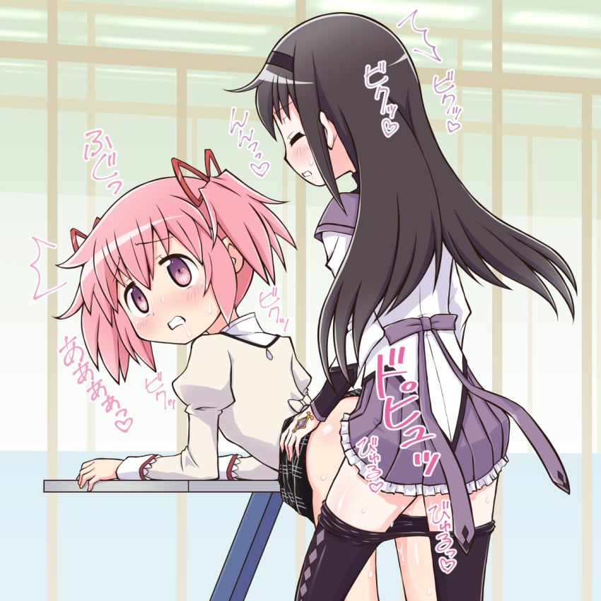 2girls akemi_homura bent_over black_hair black_pantyhose black_skirt blush clenched_teeth closed_eyes clothed_sex clothes_lift clothes_pull desk doggy_style grey_shirt grey_sleeves hairband highres implied_futanari indoors long_hair long_sleeves madoka_kaname mahou_shoujo_madoka_magica moaning multiple_girls orgasm pantyhose pantyhose_pull pink_eyes pink_hair plaid plaid_skirt purple_skirt pussy_juice ribbon school_uniform sex shirt skirt skirt_lift sweat teeth thighs torso_grab twintails white_shirt white_sleeves young yuuki_akira