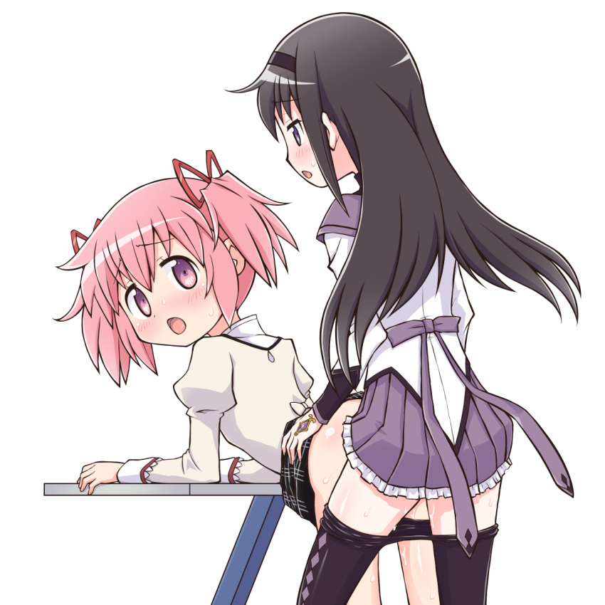 2girls akemi_homura bent_over black_hair black_pantyhose black_skirt blue_eyes blush clothed_sex clothes_lift clothes_pull desk doggy_style grey_shirt grey_sleeves hairband highres implied_futanari indoors long_hair long_sleeves madoka_kaname mahou_shoujo_madoka_magica moaning motion_lines multiple_girls open_mouth pantyhose pantyhose_pull pink_eyes pink_hair plaid plaid_skirt purple_skirt pussy_juice ribbon school_uniform sex shirt skirt skirt_lift sweat thighs torso_grab twintails white_shirt white_sleeves young yuuki_akira