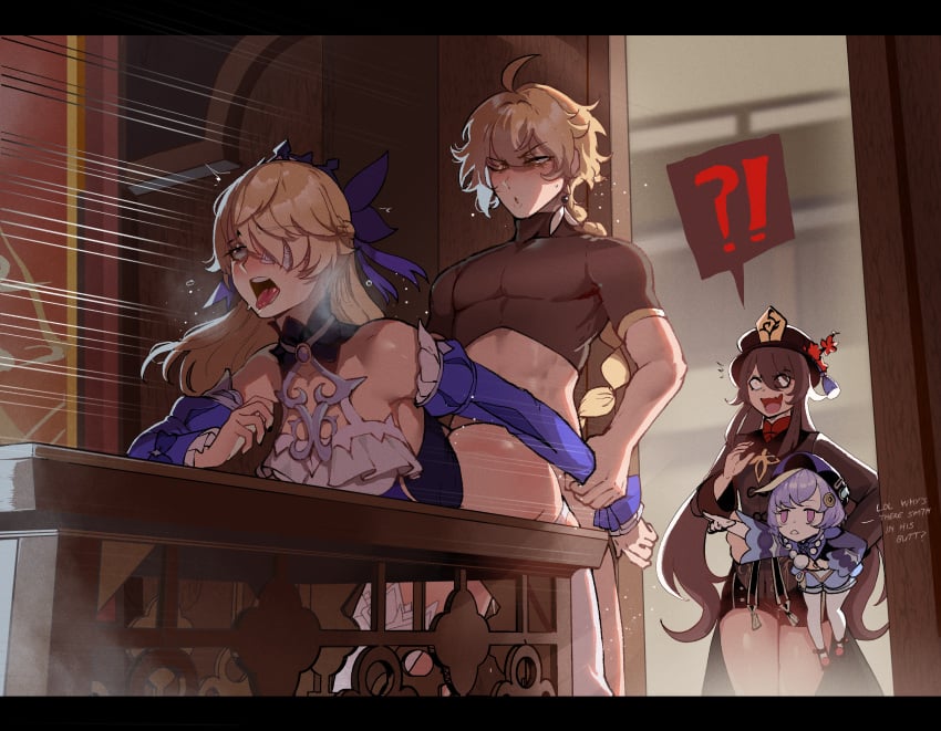 1boy 3girls ?! aether_(genshin_impact) ahe_gao ambiguous_penetration bent_over bent_over_table big_breasts blonde_hair brown_hair busty caught caught_in_the_act closed_eyes constricted_pupils eye_patch eyepatch female fischl_(ein_immernachtstraum)_(genshin_impact) fischl_(genshin_impact) from_behind from_behind_position genshin_impact hair_over_one_eye hu_tao_(genshin_impact) large_breasts long_hair male open_mouth qiqi_(genshin_impact) saliva sex small_breasts straight surprised text thiccwithaq tongue tongue_out