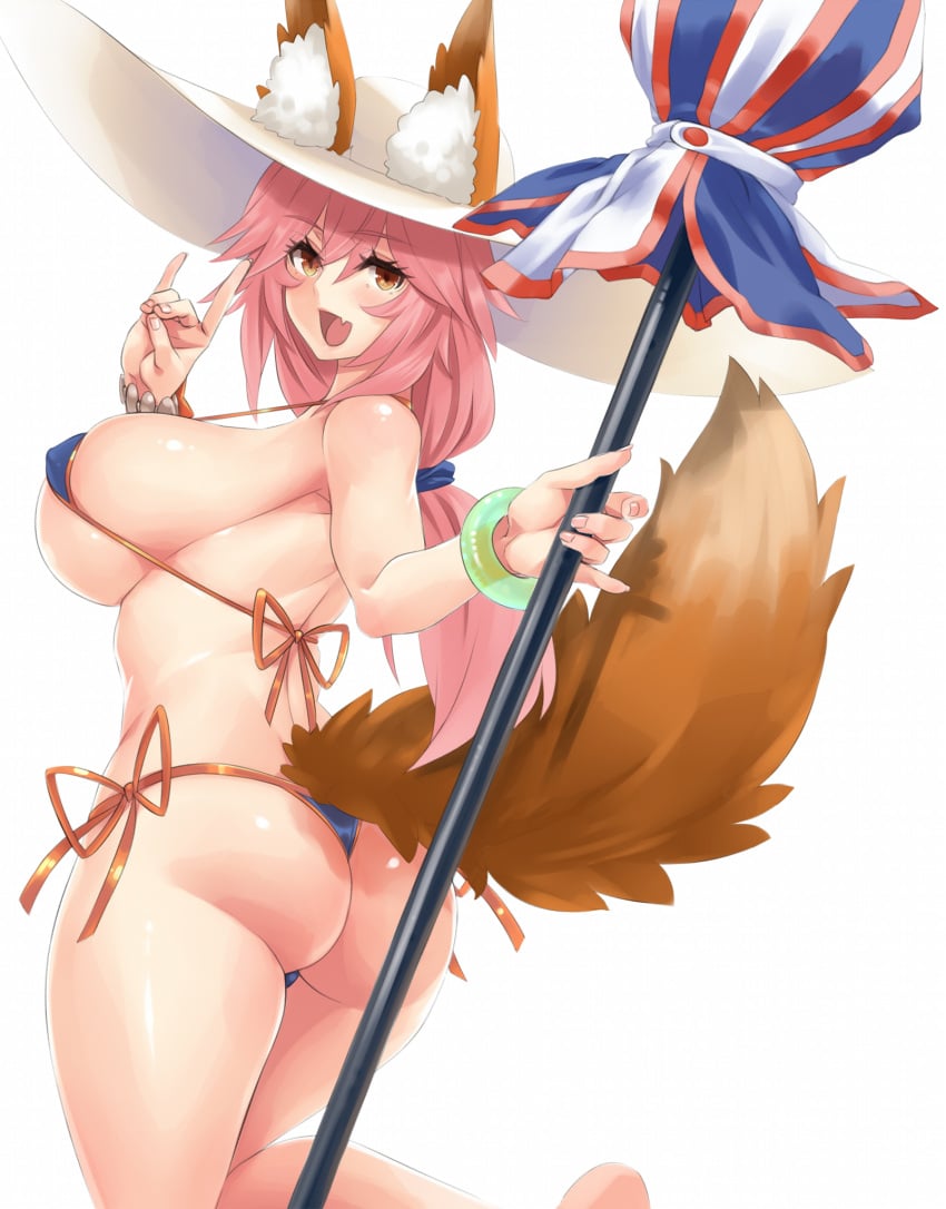 1girls 2022 ass ass_cheeks back back_view barely_clothed big_breasts bikini blue_bikini blush blushing_at_viewer breasts bubble_ass bubble_butt butt_cheeks fate/grand_order fate_(series) female female_only fluffy_ears fluffy_tail fox_ears fox_gesture fox_girl fox_humanoid fox_tail foxgirl happy happy_female hat hayama_kazusa hips holding_object huge_breasts kitsune kitsunemimi large_ass large_breasts large_hat light-skinned_female light_skin long_hair looking_at_viewer looking_back ogin_bara open-mouth_smile pink_hair pink_lipstick shiny_skin sideboob simple_background skin_fang skin_tight skindentation slim_waist smile sun_hat sunhat tail tamamo_no_mae_(fate) tamamo_no_mae_(swimsuit_lancer) thick_thighs thighs umbrella wide_hips yellow_eyes