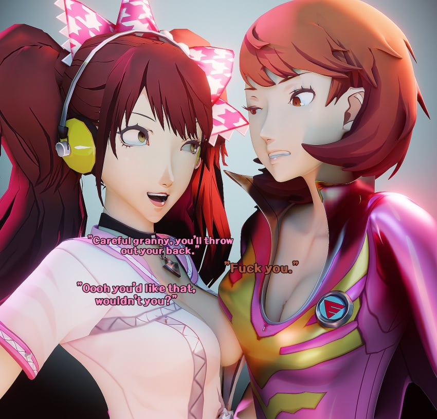 amateurthrowaway angry breast_to_breast cleavage dialogue english_text female headphones human kujikawa_rise lovers_arcana pale_skin persona persona_3 persona_4 text twintails yukari_takeba yuri