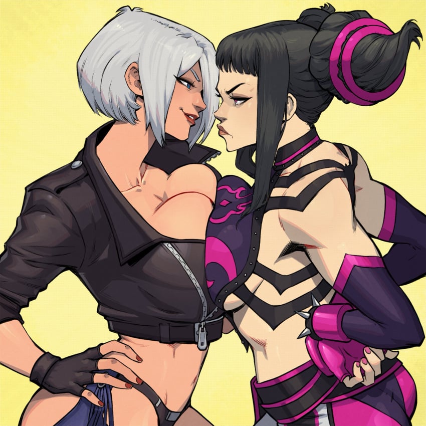 2girls angel_(kof) ass big_breasts breast_comparison breast_press breasts capcom catfight cleavage crossover danusko female female_only juri_han king_of_fighters smile snk staredown street_fighter titfight