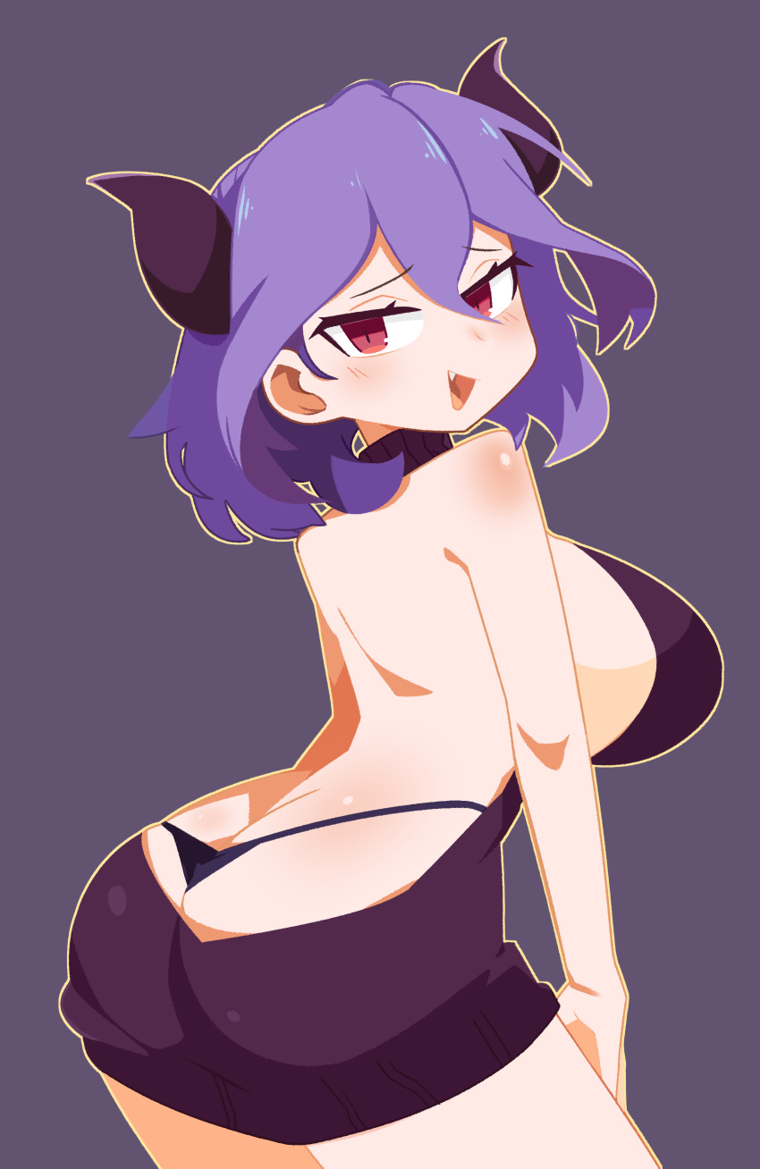 ass back big_breasts blush demon_girl demon_horns female hair_between_eyes kinsou_no_vermeil milf purple_hair red_eyes short_hair sideboob simple_background solo_female succubus vermeil vermeil_(kinsou_no_vermeil) vermeil_in_gold virgin_killer_sweater