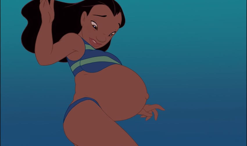 1girls accurate_art_style belly big_belly big_breasts black_hair breasts dark-skinned_female dark_skin edit female hawaiian hyper_belly lilo_and_stitch morphtothetop nani_pelekai pregnant screenshot_edit