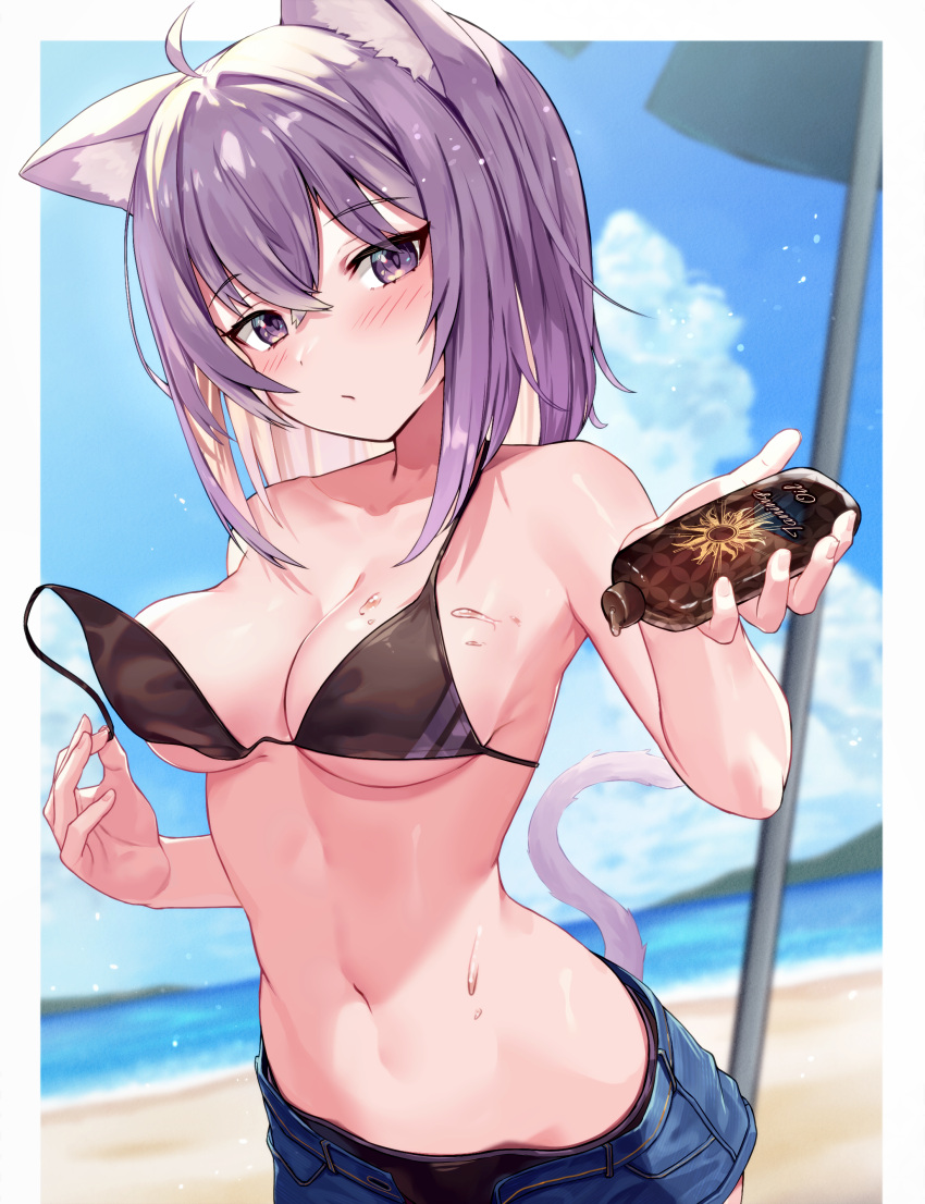 absurdres ahoge animal_ear_fluff animal_ears bangs beach_umbrella bikini blue_shorts bottle breasts cat_ears cat_girl cat_tail cleavage crossed_bangs female highres holding holding_bottle hololive hololive_gamers hololive_japan medium_breasts navel nekomata_okayu open_bikini open_topwear purple_eyes purple_hair shorts solo string_bikini swimsuit tail umbrella virtual_youtuber woogi_(duguddnr)