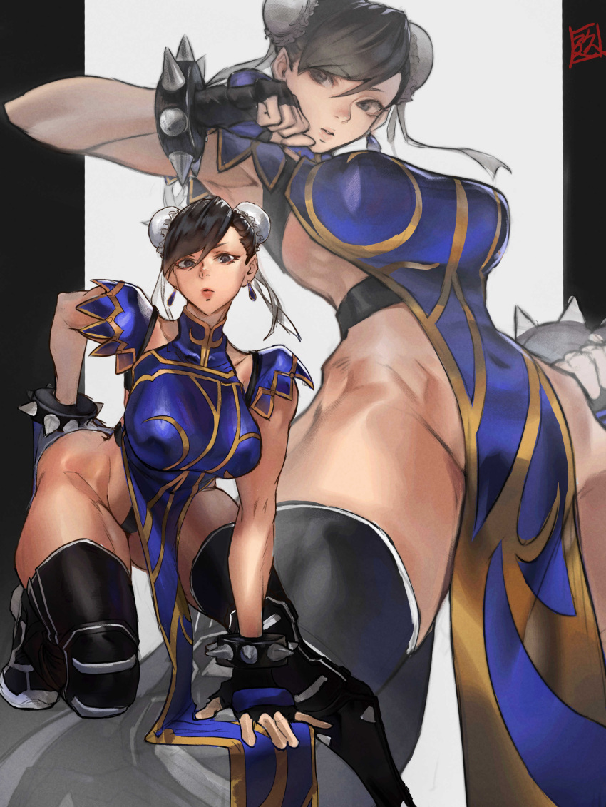 1girls abs alternate_costume asian asian_female ass big_ass big_breasts breasts brown_hair capcom chun-li juaagacgy kneeling kyuuakaku muscular muscular_arms muscular_female muscular_legs muscular_thighs revealing_clothes six_pack skimpy skimpy_clothes street_fighter thick thick_thighs thighhighs voluptuous wide_hips