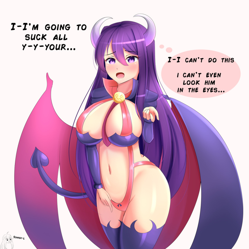 1girls costume demon_horns demon_tail disgaea doki_doki_literature_club female horns looking_at_viewer open_mouth purple_eyes purple_hair solo sonker-lewds sonkerino succubus succubus_(disgaea) succubus_costume succubus_tail text text_bubble wings yuri_(doki_doki_literature_club)