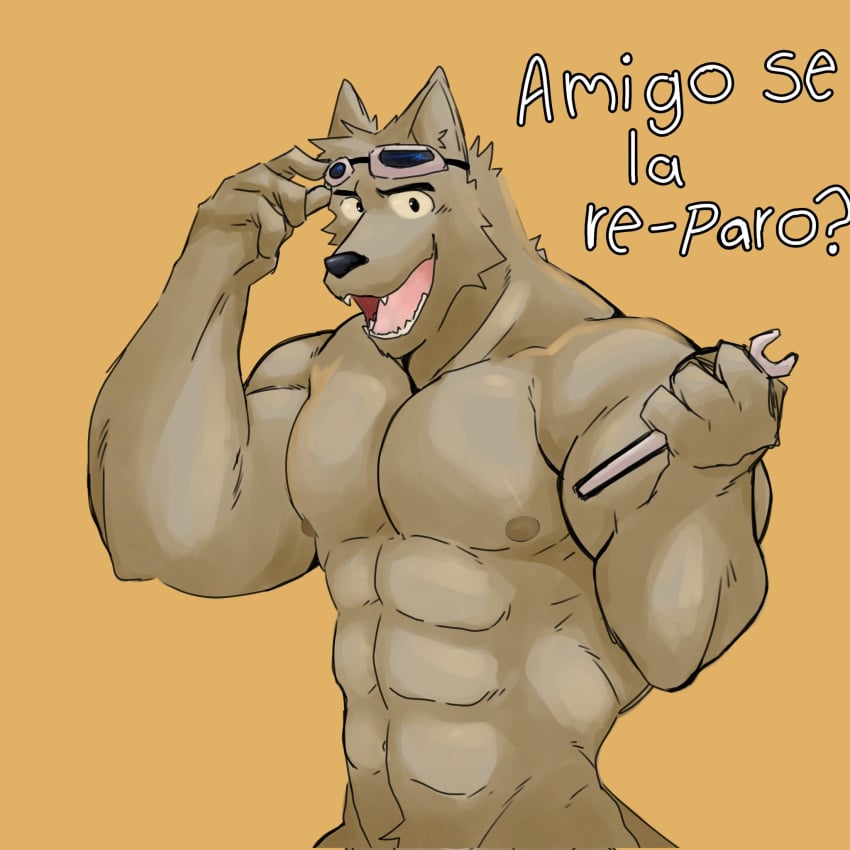 1boy abs anthro bara biceps d3nji goggles goggles_on_head humanoid ice_xhan muscular muscular_male naked nipples no_visible_genitalia nude original pecs spanish_text tools wolf