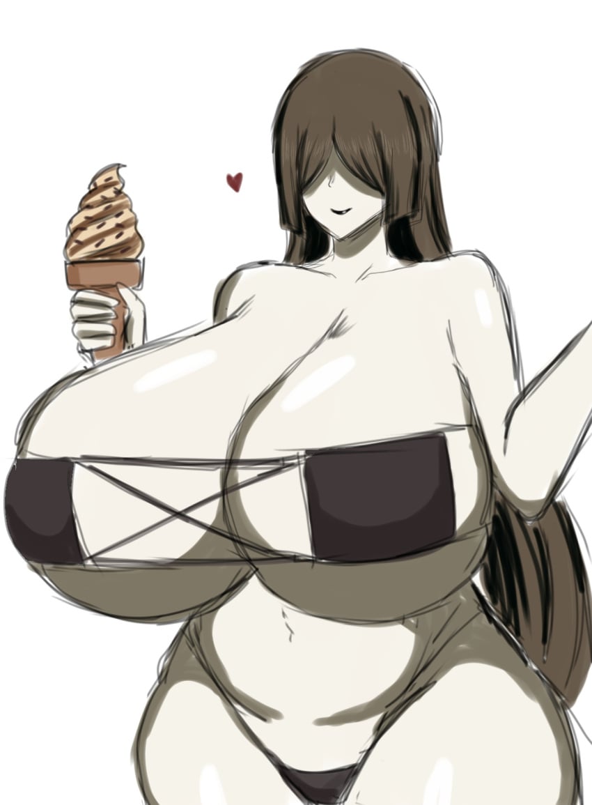 alternate_costume big_breasts bikini black_bikini black_hair blinding_bangs cleavage colored_sketch demon_slayer eyepatch_bikini female female_only hair_over_eyes hime_cut huge_breasts ice_cream kimetsu_no_yaiba long_hair massive_breasts momiji_(artist) nakime pale-skinned_female pale_skin smile solo swimsuit venus_body white_skin wide_hips