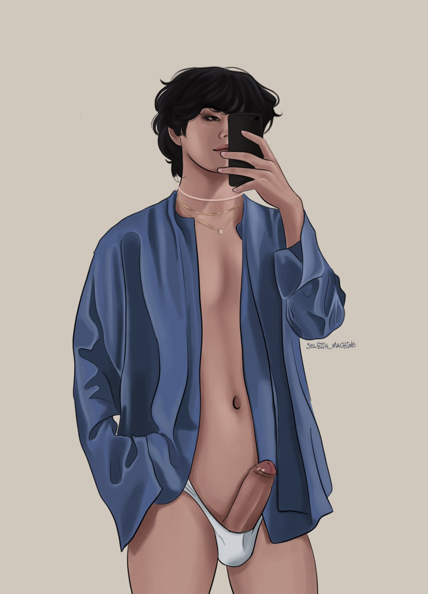 1boy asian asian_male balls big_penis black_hair blue_clothing blush bts erection gay kim_tae_hyung korean kpop male male_only muscular muscular_male naked necklace no_pants open_clothes open_shirt penis phone selfie singer tagme underwear white_body white_skin yaoi