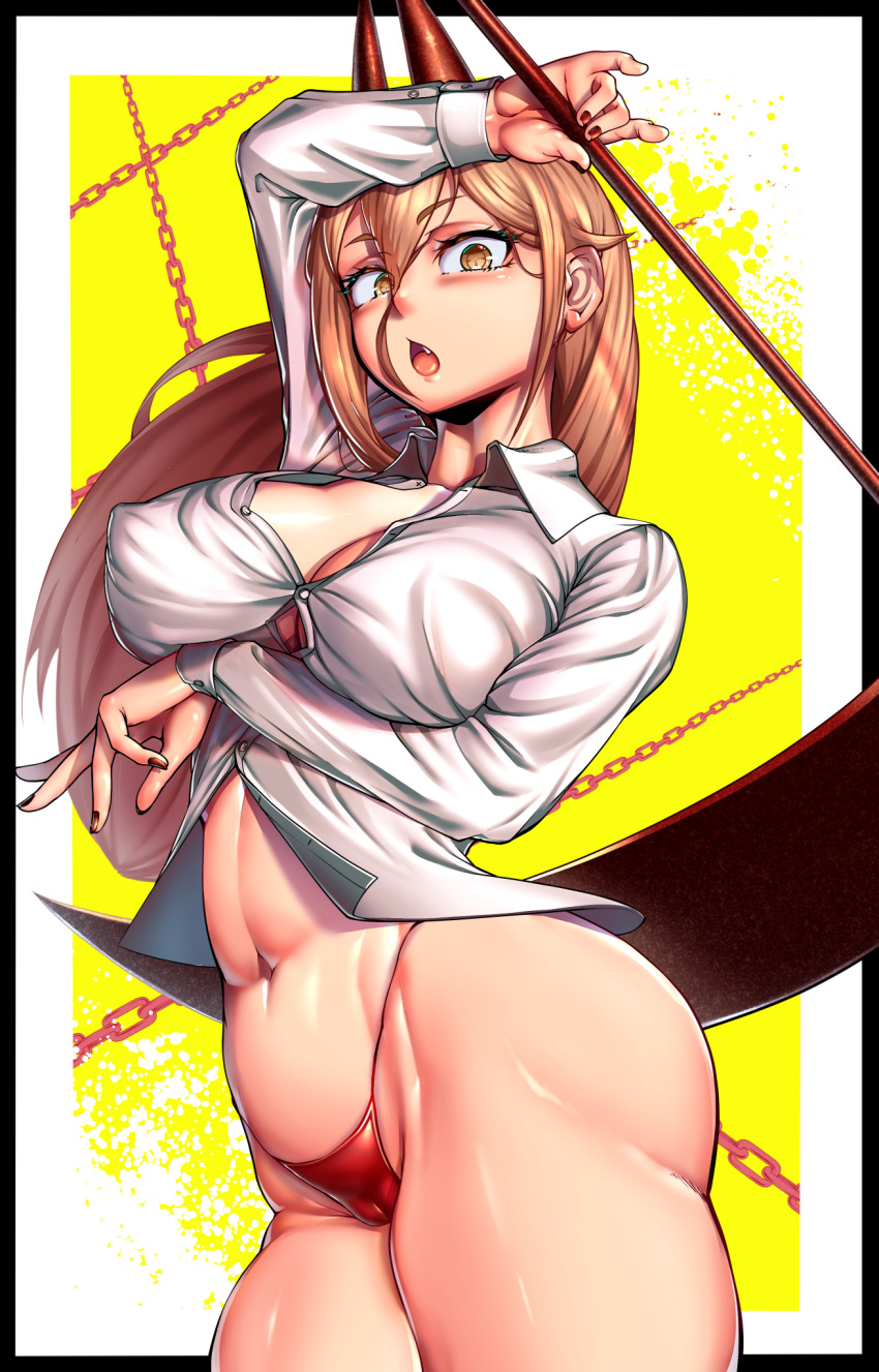 1girls big_breasts blonde_hair blush breasts chainsaw_man demon_girl eye_contact female female_only horns long_hair looking_at_viewer maxlikeapicture panties power_(chainsaw_man) sharp_teeth solo thick_thighs thighs wide_hips yellow_eyes