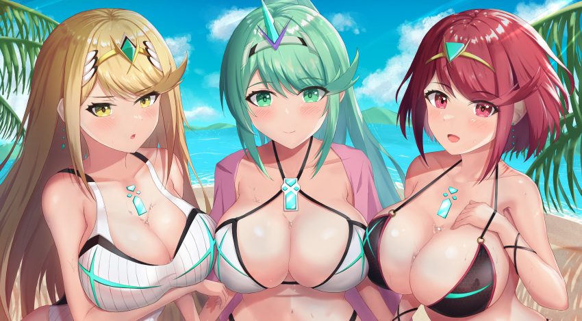 3girls absurd_res beach big_breasts bikini black_bikini blonde_hair breasts clouds core_crystal earrings green_eyes green_hair hand_on_breast high_ponytail holding_hands large_breasts long_hair looking_at_viewer midriff multi-strapped_bikini multiple_girls multiple_persona mythra navel nintendo one-piece_swimsuit outside palm_tree pneuma_(xenoblade) ponytail pyra red_eyes red_hair shiratamaaji short_hair side-tie_bikini sky swimsuit tiara water white_bikini white_one-piece_swimsuit xenoblade_(series) xenoblade_chronicles_2 yellow_eyes