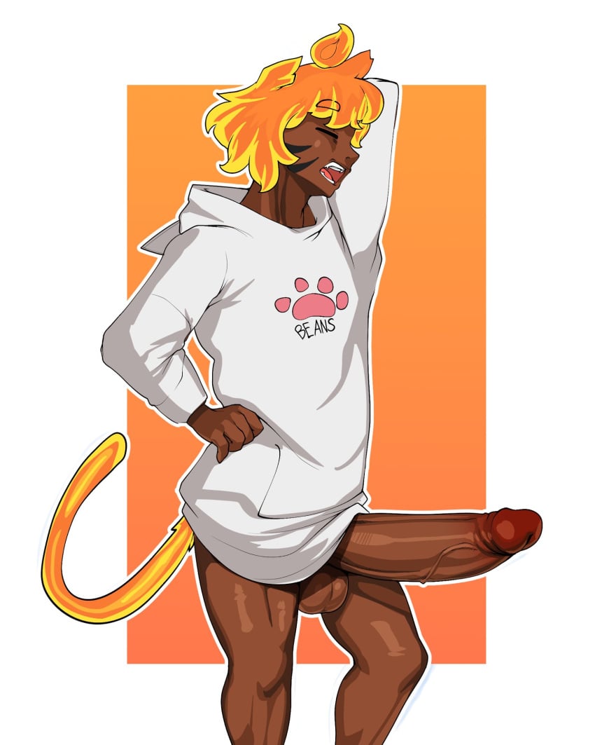 1boy 2022 animal_ears balls bottomless cat_ears cat_tail catboy clothed clothing commission dark-skinned_male dark_skin erection fire fire_elemental fire_hair huge_cock humanoid humanoid_penis jacket kana_(katkazuma) kemonomimi male male_only mostly_clothed noodledoodles original penis short_hair solo standing twink yawning