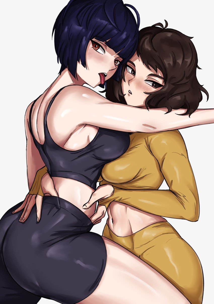 2022 2girls ass atlus black_hair breasts brown_eyes brown_hair bubble_butt female female_only goth hips huge_ass large_breasts light-skinned_female light_skin looking_at_viewer midriff naughty_face persona persona_5 sadayo_kawakami shadertoons short_hair slim_waist suggestive_look tae_takemi thick_thighs thighs tongue tongue_out wide_hips yuri