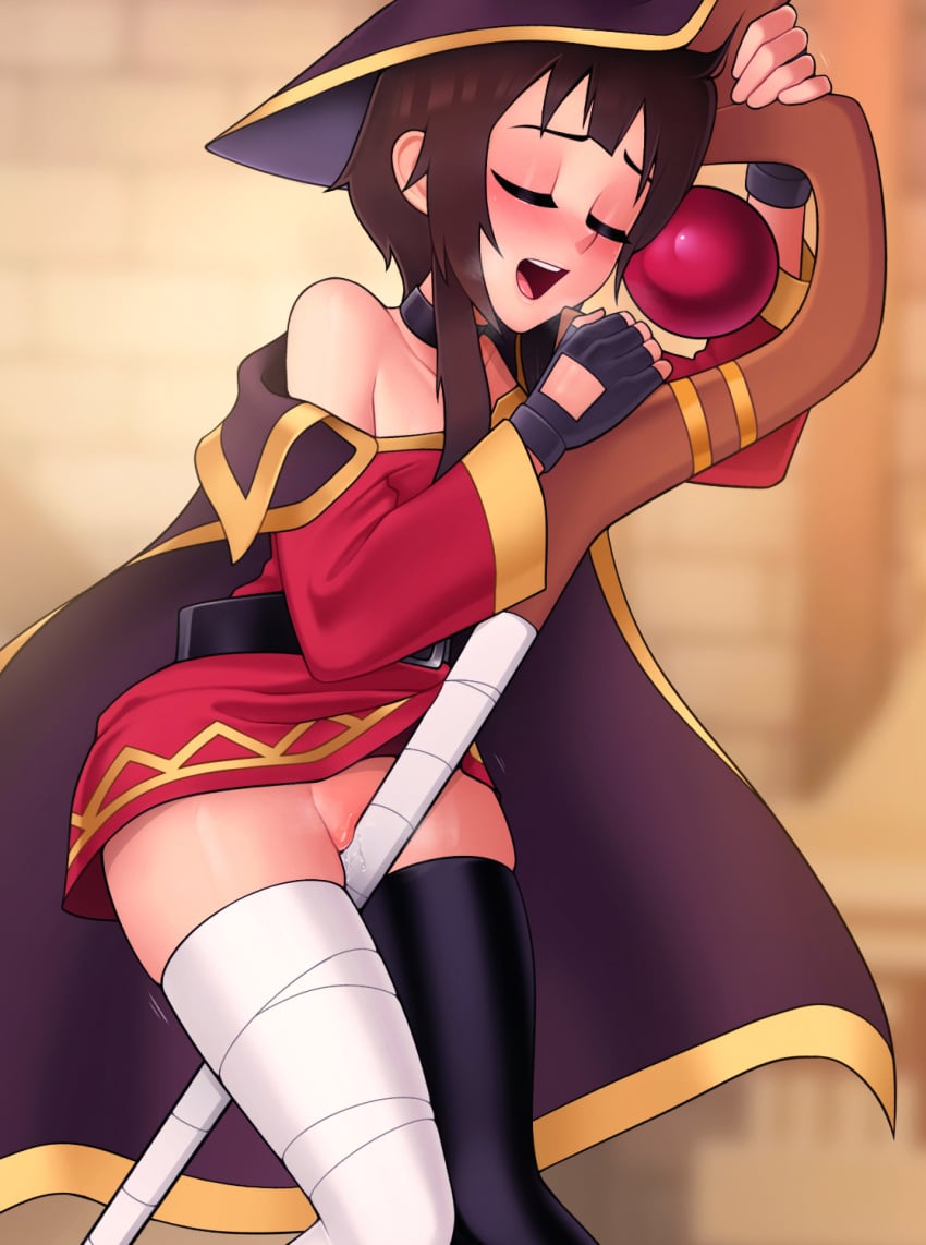 1girls bandage blush bottomless closed_eyes flat_chest flat_chested hat kono_subarashii_sekai_ni_shukufuku_wo! loodncrood masturbating masturbation megumin open_mouth partially_clothed solo standing thick_thighs