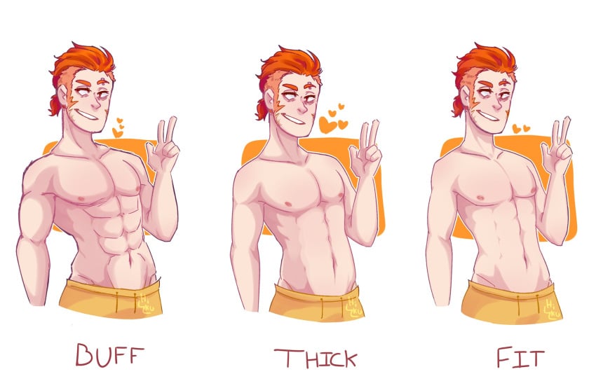 abs anothrz biceps dyed_hair fnafhs fnafhs_z3ro male_only muscular muscular_male nipples orange_hair oxy_(fnafhs) pecs topless transformation transformation_sequence weight_gain