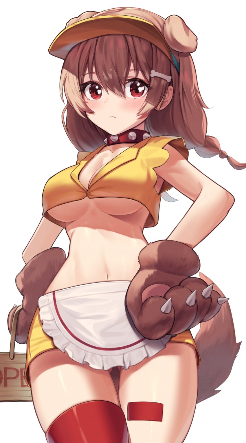 :< animal_ears animal_hands apron armpit_peek ass_visible_through_thighs bare_shoulders bone-shaped_pupils breasts brown_hair cleavage closed_mouth clothing collar collarbone commentary_request cowboy_shot crop_top crop_top_overhang dog_ears dog_girl dog_tail doggy_god's_street female gloves hands_on_hips highres hololive hololive_gamers hololive_japan inugami_korone inugami_korone_(doggy_god's_street) long_hair looking_at_viewer medium_breasts midriff miniskirt navel no_bra paw_gloves red_eyes red_thighhighs shiny_skin shiny_thighs shirt single_thighhigh skirt sleeveless sleeveless_shirt solo stomach tail thigh_gap thighhighs thighs underboob virtual_youtuber visor visor_cap waist_apron waitress woogi_(duguddnr) yellow_shirt yellow_skirt