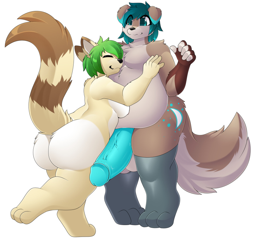 3_toes 5_fingers alpha_channel anthro anthro_on_anthro ass balls big_balls big_butt big_penis black_nose blue_eyes blue_hair blue_penis breasts brown_body brown_fur butt_markings canid canine canis closed_eyes clothing cute_fangs deerrobin domestic_cat domestic_dog duo embrace feet felid feline felis female fingers floppy_ears fluffy fluffy_tail friends fur genitals green_hair hair hair_over_eye hand_on_chest hazel_verday hi_res hug huge_balls huge_cock humanoid_genitalia humanoid_penis hybrid hyper hyper_balls hyper_genitalia hyper_penis leaning_on_another legwear legwear_only looking_at_another male male/female mammal markings moon_(marking) mostly_nude nipples nude one_eye_obstructed overweight overweight_male paws penis procyonid raccoon raised_leg raised_tail sam_yaeger short_hair simple_background smile spots spotted_markings standing stockings stockings_only striped_markings striped_tail stripes tail_markings tan_body tan_fur thick_thighs thigh_highs toes transparent_background vein veiny_penis white_body white_fur wide_eyed