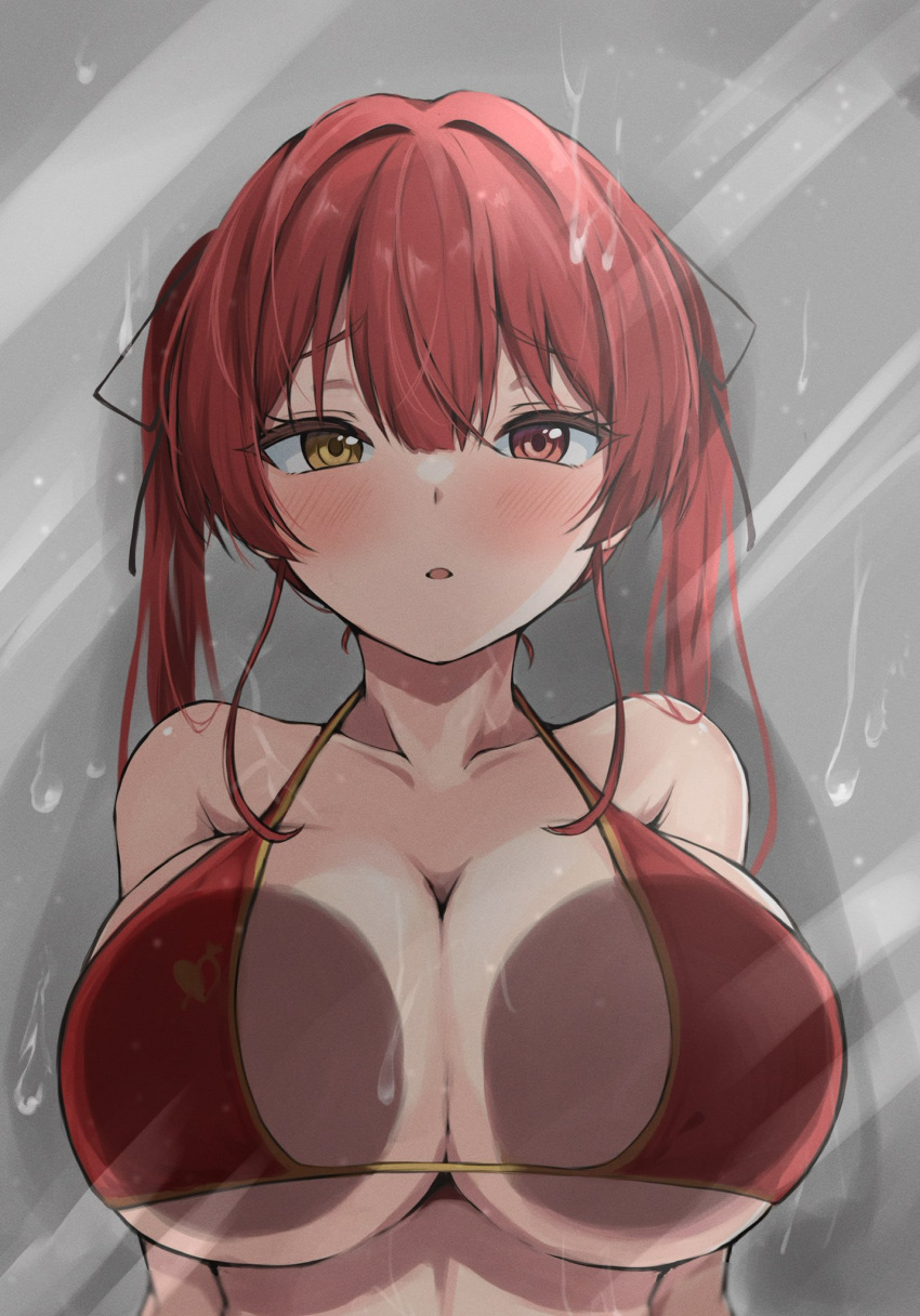 against_glass armpit_crease bangs bikini blush breast_press breasts breasts_on_glass collarbone commentary_request eyelashes female grey_background hair_ribbon heterochromia highres hololive hololive_fantasy hololive_japan houshou_marine large_breasts long_hair looking_at_viewer micro_bikini red_bikini red_eyes red_ribbon ribbon shiny shiny_hair sidelocks solo suggestive_fluid swimsuit takuty twintails upper_body virtual_youtuber water_drop yellow_eyes