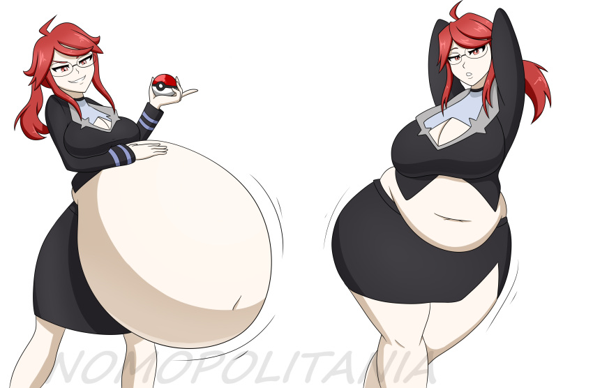 1girls after_vore bbw big_breasts breasts chubby cleavage digestion female glasses implied_vore looking_at_viewer lorelei_(pokemon) lorelei_(pokemon_lgpe) midriff navel office_lady pokeball pokemon pokemon_lgpe ponytail post_vore red_eyes same_size_vore stomach_bulge thick_thighs thigh_expansion vore watermark white_background wide_hips