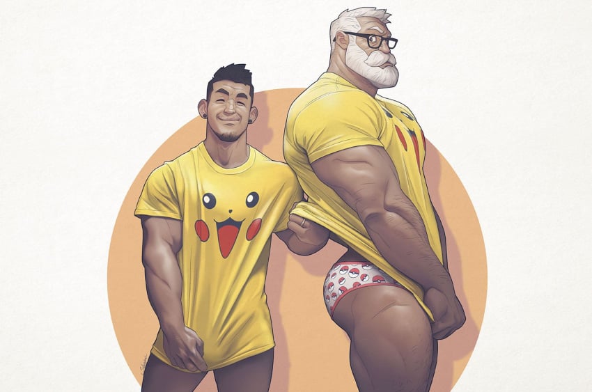 bulge caucasian caucasian_male covering_crotch east_asian east_asian_male glasses male male_only muscles muscular muscular_male pikachu pokémon_(species) pokeball pokemon silverjow size_difference teasing twitter_user_oc ulric_(silverjow) underwear wei_(silverjow)