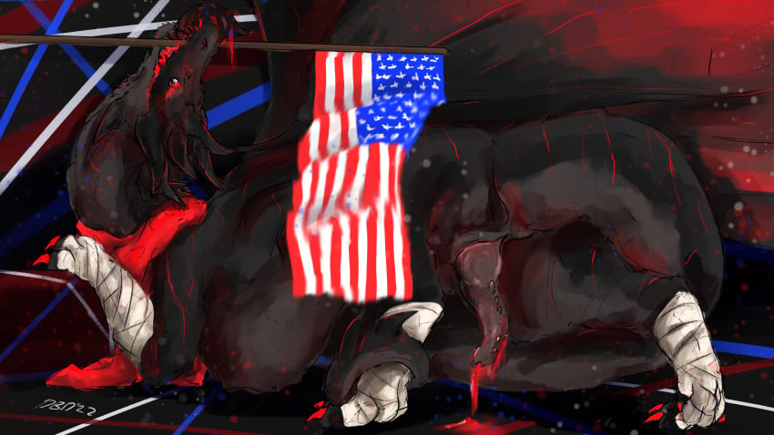 anthro anthro_only arkylite ass bandage bandaged_leg black_body black_scales black_tongue bodily_fluids claws colored_cum cum cum_drip cum_on_ground cum_on_penis dark_body diamondbackdrake dragon dripping feral flagpole genital_fluids genitals glowing glowing_eyes hi_res horn male patriotism penis politics presenting presenting_hindquarters presenting_penis red_claws red_cum red_eyes red_stripes scales scalie scarf solo spiked_penis spikes spikes_(anatomy) stars_and_stripes stripes tail_wrapped tongue united_states_of_america unusual_bodily_fluids unusual_cum unusual_genital_fluids western_dragon