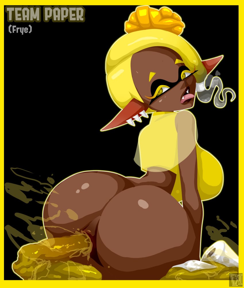 1girls ass big_ass black_background dark-skinned_female dark_skin defecating feces female frye_(splatoon) huge_ass nintendo scat shitting sloppy_poo smelly solo solo_female splatoon splatoon_3 tagme tongue_out whoopseez yellow_border yellow_eyes yellow_scat