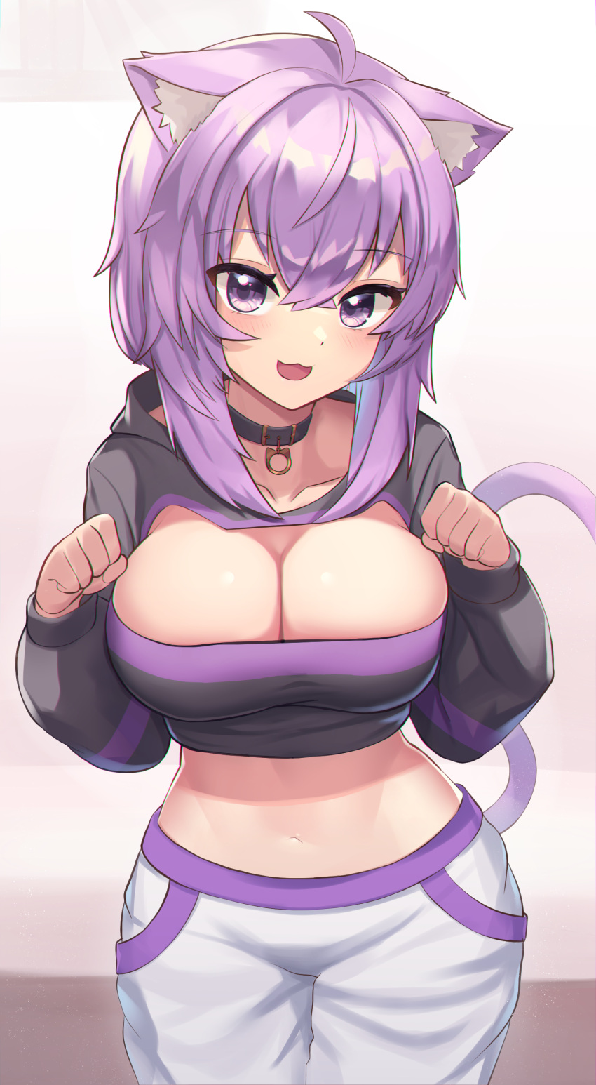 :3 :d absurdres ahoge animal_ear_fluff animal_ears bangs black_choker black_shirt breasts cat_cutout cat_ears cat_girl cat_tail choker cleavage cleavage_cutout clothing_cutout collarbone commentary cowboy_shot crop_top female hair_between_eyes highres hololive hololive_gamers hololive_japan large_breasts looking_at_viewer medium_hair midriff navel nekomata_okayu open_mouth pants paw_pose puffy_sleeves purple_eyes purple_hair shirt smile solo standing stomach tail tail_raised virtual_youtuber white_pants woogi_(duguddnr)