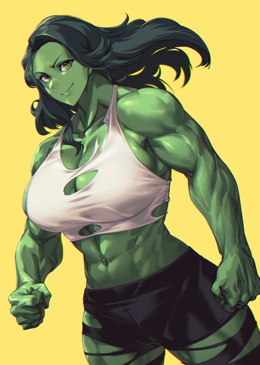 1girls 2022 abs bare_arms bare_midriff bare_shoulders biceps big_breasts black_hair cleavage female female_only green-skinned_female green_eyes green_skin huge_breasts hulk_(series) large_breasts looking_at_viewer marvel marvel_comics mikel_bk muscles muscular muscular_arms muscular_back muscular_female muscular_legs muscular_thighs ripped_pants she-hulk simple_background six_pack smiling_at_viewer solo thunder_thighs torn_clothes torn_clothing triceps veins veiny_muscles yellow_background