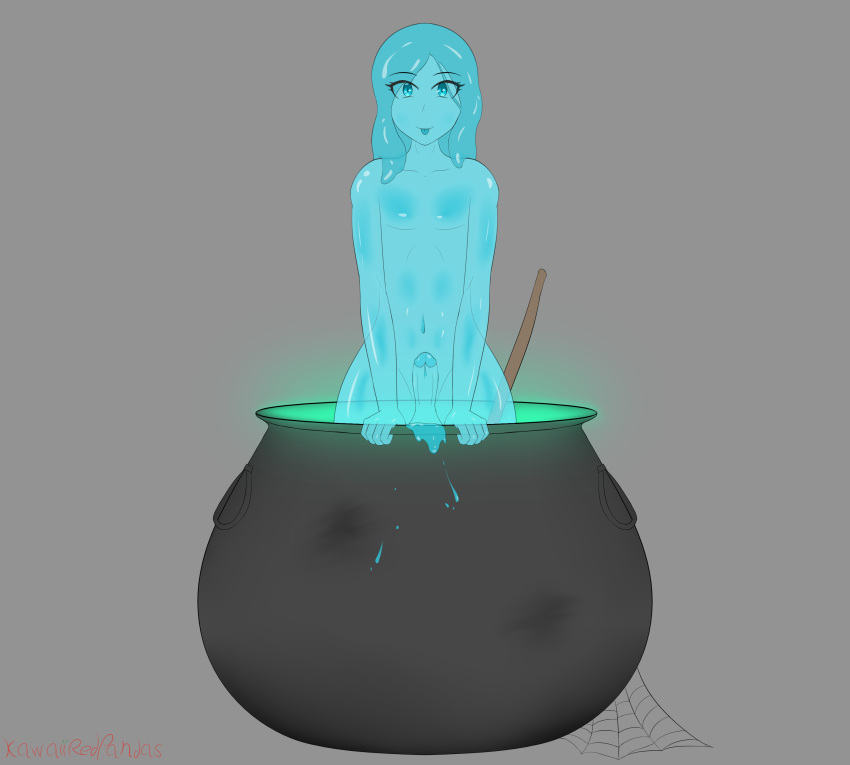 1boy blue_body blue_eyes blue_hair cauldron femboy girly goopy_(kawaiiredpandas) halloween kawaiiredpandas male male_only penis slime solo tongue_out translucent_body uncensored