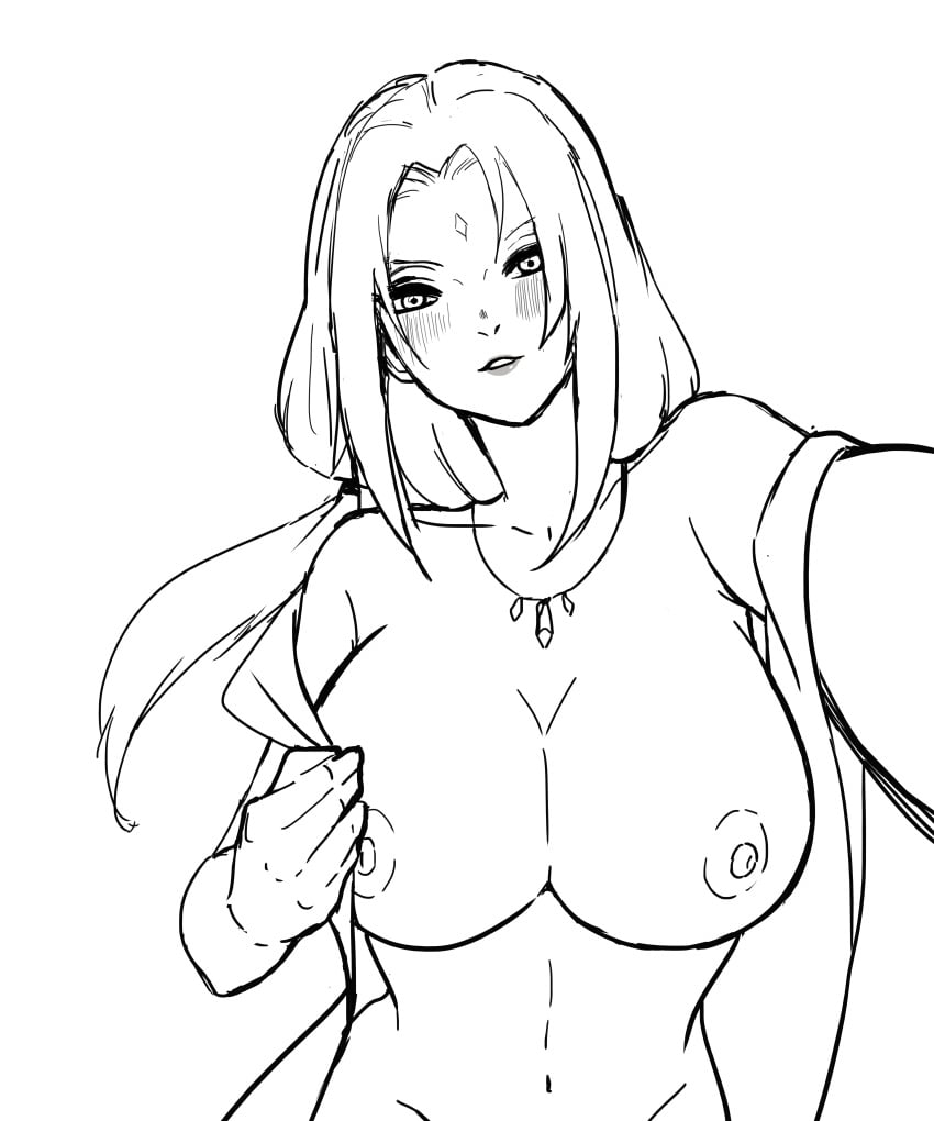 1girls bare_shoulders big_breasts blush bread_and_butter breasts breasts_out busty female female_only huge_breasts jewelry long_hair looking_at_viewer mature mature_female monochrome naruto naruto_(series) naruto_shippuden necklace nipples no_bra no_panties open_clothes selfie sketch solo solo_focus tsunade upper_body