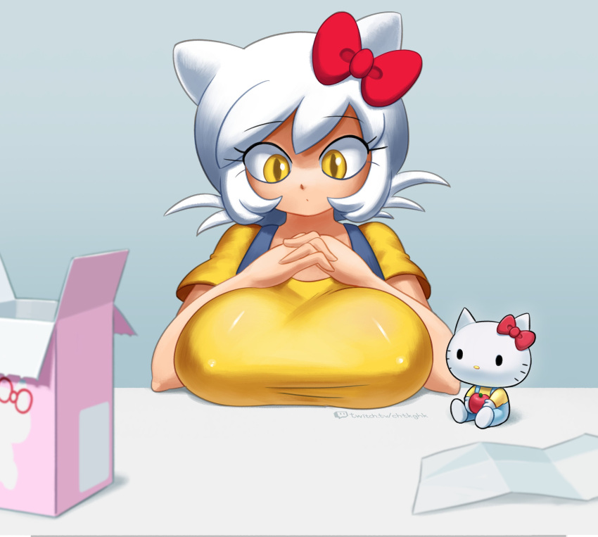 1girls 2022 absurd_res animal_ears apple artist_name bare_arms bow box breast_rest breast_squeeze breasts cat_ears catgirl clothed clothing cute doll eyebrows_visible_through_hair female female_only hair_ribbon hands_together hello_kitty hello_kitty_(character) hello_kitty_(series) highres holding_apple holding_food holding_fruit humanized interlocked_fingers kitty_white large_breasts looking_down minus8 nipple_bulge o.o paper ribbon sanrio shirt short_hair slit_pupils solo suspenders table tight_clothing toy url watermark whiskers white_hair yellow_eyes yellow_shirt