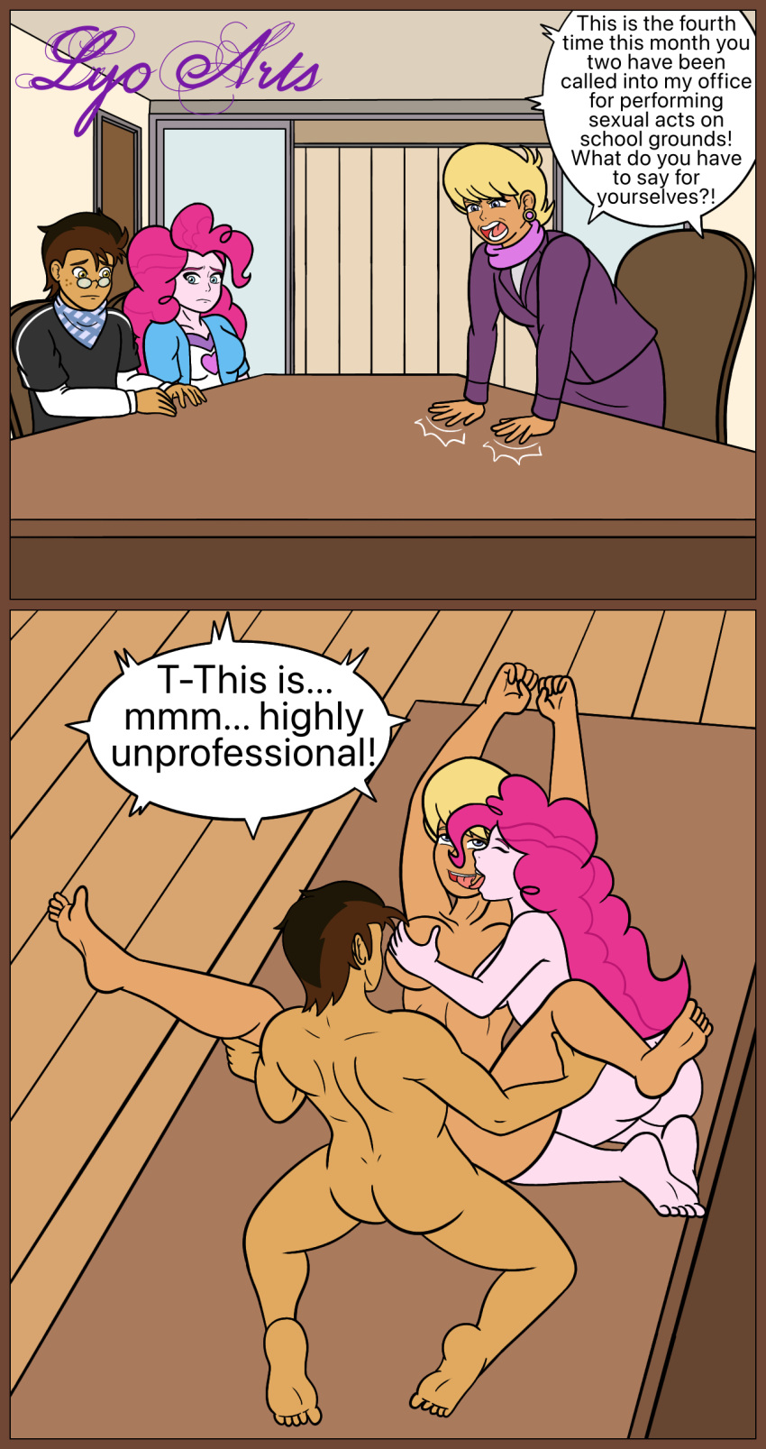 1boy 2022 2girls ambiguous_penetration angry ass barefoot big_breasts bisexual bisexual_(female) breast_grab breasts comic commission copper_plume_(oc) desk english_text equestria_girls female ffm_threesome french_kiss friendship_is_magic groping groping_breasts group_sex hasbro human human_only humanized instant_loss_2koma linedraweer lyndor male missionary_position ms._harshwhinny ms._harshwhinny_(mlp) my_little_pony office on_desk open_mouth original_character pinkie_pie_(eg) pinkie_pie_(mlp) sex sex_on_table speech_bubble spread_legs spreading straight straight_hair teacher_and_student text thighs threesome tongue tongue_kiss tongue_out unprofessional_behavior