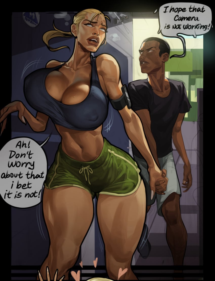 1boy 1girls big_breasts bimbo bimbo_lips blonde blonde_hair curvy dark-skinned_male dark_skin dialogue gym holding_hands hourglass_figure imminent_sex interracial large_breasts light-skinned_female light_skin saigalisk speech_bubble text thick_lips thick_thighs voluptuous