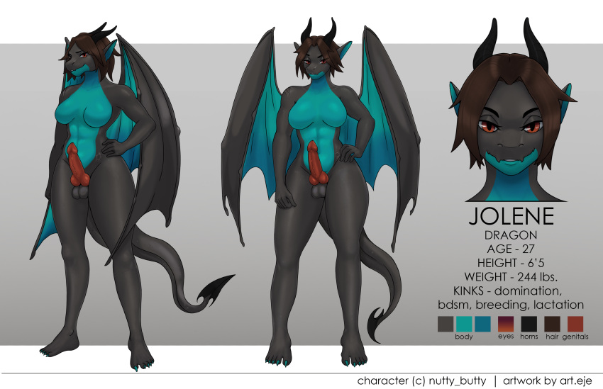 absurd_res anthro art.eje balls black_body breasts brown_hair dragon english_text genitals group hair herm hi_res horn intersex model_sheet multicolored_body penis red_eyes teal_body text thick_thighs trio two_tone_body wings