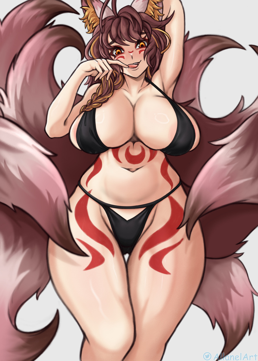 1girls 2022 :p allanel areola_slip big_breasts bikini body_markings brown_hair commission female female_only finger_to_tongue fox_ears fox_tail hi_res kemonomimi knees_together looking_at_viewer multiple_tails nine_tailed_fox orange_eyes smiling_at_viewer solo solo_female tail thick_thighs thigh_gap voluptuous white_background