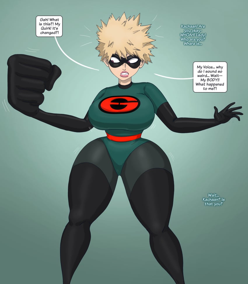 1girls big_breasts blonde_hair bodysuit breasts dialogue disgusting elastic elastigirl_(cosplay) eye_mask female_bakugou gender_transformation hi_res highres katsuki_bakugou milf mtf_transformation my_hero_academia rule_63 saturnxart spiked_hair spiky_hair stretchy text thick_thighs transformation word_balloon