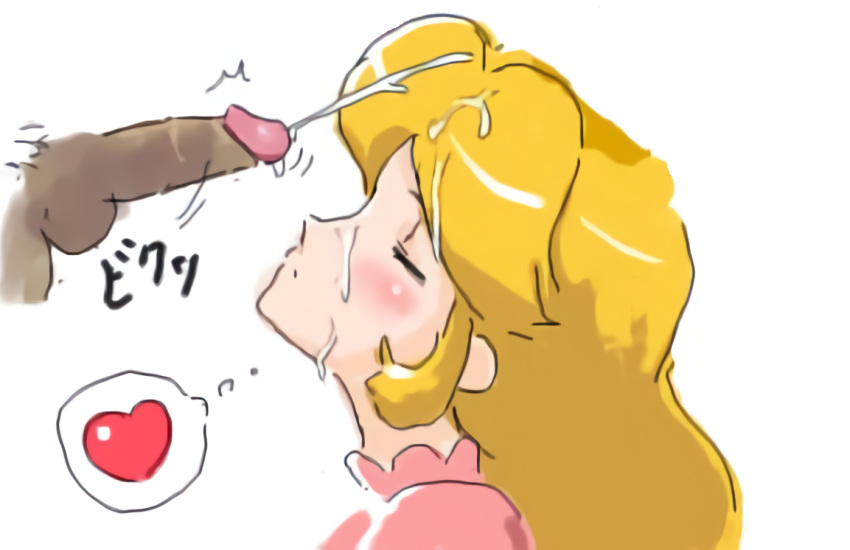 1boy 1girls blush closed_eyes cum cum_on_hair dress ejaculation facial female from_side heart long_hair looking_pleasured male mario_(series) nintendo oekaki orgasm penis princess princess_peach spoken_heart testicles