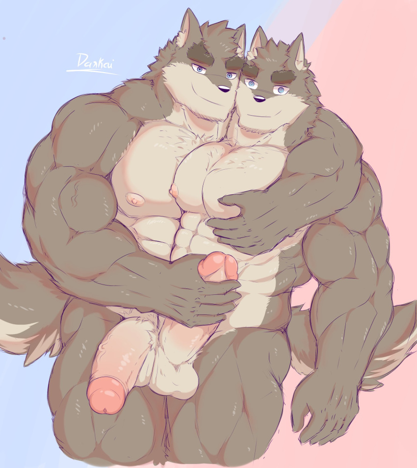 abs anthro biceps canid darkai duo erection genitals hand_on_chest hand_on_penis hand_over_shoulder hi_res male male/male mammal muscular muscular_anthro muscular_male muscular_thighs pecs penis sibling smile twins vein