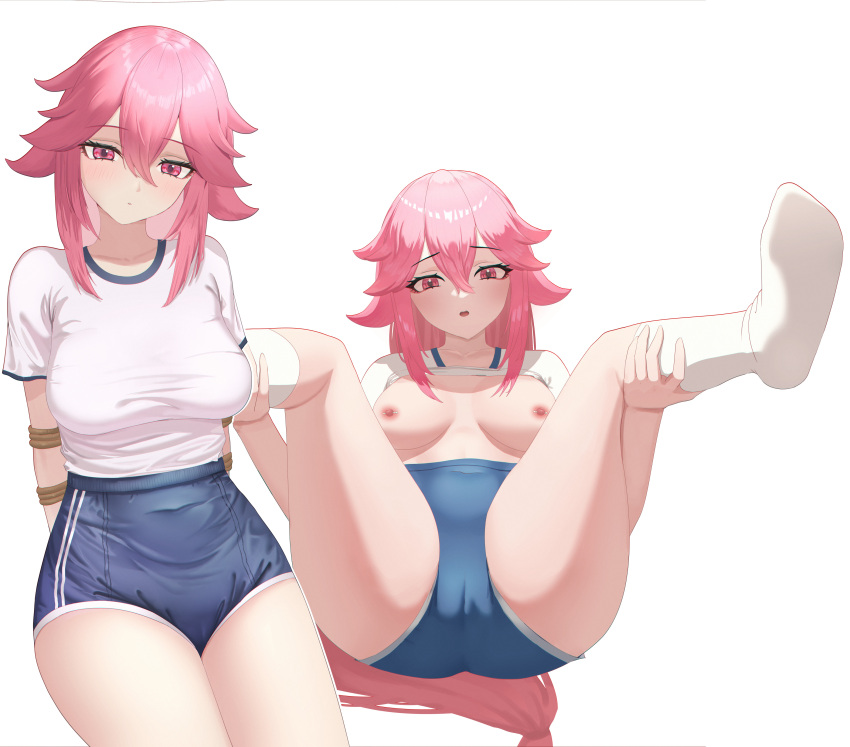 absurdres animal_ears arms_behind_back blue_bloomers blue_shorts blush bound bound_arms breasts cameltoe closed_mouth exhibitionism female fox_ears fox_girl genshin_impact head_tilt highres knee_socks kneehighs kneesocks large_breasts long_hair looking_at_viewer nipples open_mouth pink_eyes pink_hair public_indecency school_uniform shirt short_sleeves shorts sitting socks solo spread_legs thighs too_(totoo) white_background white_shirt white_socks yae_miko