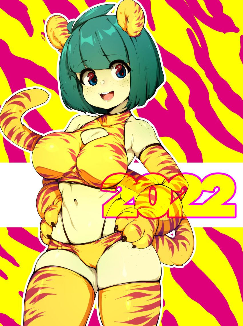 2020s 2022 ace.7c3 breasts green_hair short_hair slugbox thighs tiger_print year_of_the_tiger