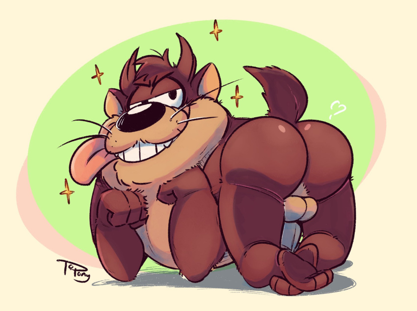 1boy anthro ass ass_focus balls bent_over big_tongue dasyurid dasyuromorph fur gay genitals hi_res looney_tunes male male_only mammal marsupial penis presenting raised_tail simple_background smile smooth_fur solo sparkles tasmanian_devil tasmanian_devil_(looney_tunes) teeth tongue tongue_out topony warner_brothers